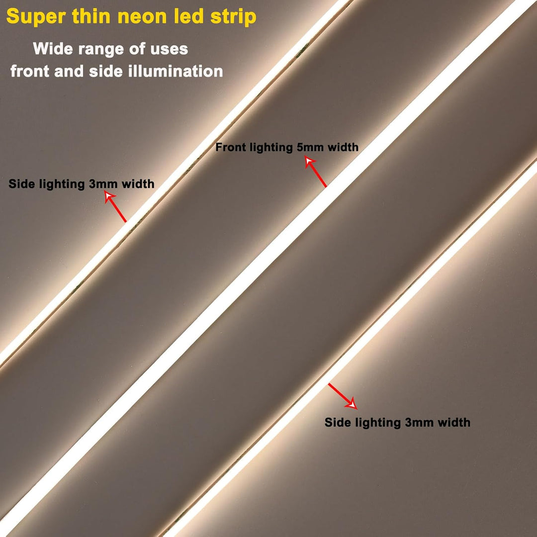Outdoor Landscape Lighting LED 12V Low Voltage SLN13 Dotless Ultra Thin COB Neon LED Strip Light 1.46W/ft 5x3mm 3000K/4000K DC24V IP65 Outdoor Rated Dimmable Low Voltage Silicone Strip Light with Back Adhesive