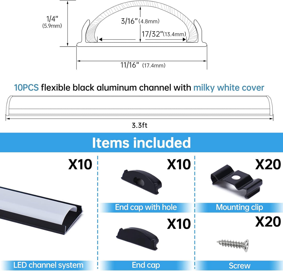 Outdoor Landscape Lighting LED 12V Low Voltage AC12 U-Shaped Rectangular Flexible Black and Silver Finish Aluminum Channel with Frosted Plastic Cover 3.3FT/1M For Max 12mm Width LED Strip Lights Pack of 10