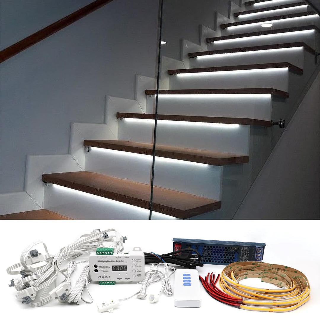 Outdoor Landscape Lighting LED 12V Low Voltage SLMS01 Intelligent Motion Sensor LED COB Strip Light Stair Light Kit 16 or 20 Stairs, Step by Step Control with Remote PIR & Light Sensor Control 6000K Cool White