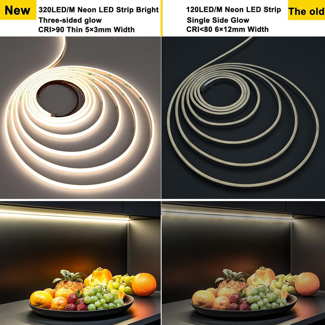 Outdoor Landscape Lighting LED 12V Low Voltage SLN13 Dotless Ultra Thin COB Neon LED Strip Light 1.46W/ft 5x3mm 3000K/4000K DC24V IP65 Outdoor Rated Dimmable Low Voltage Silicone Strip Light with Back Adhesive