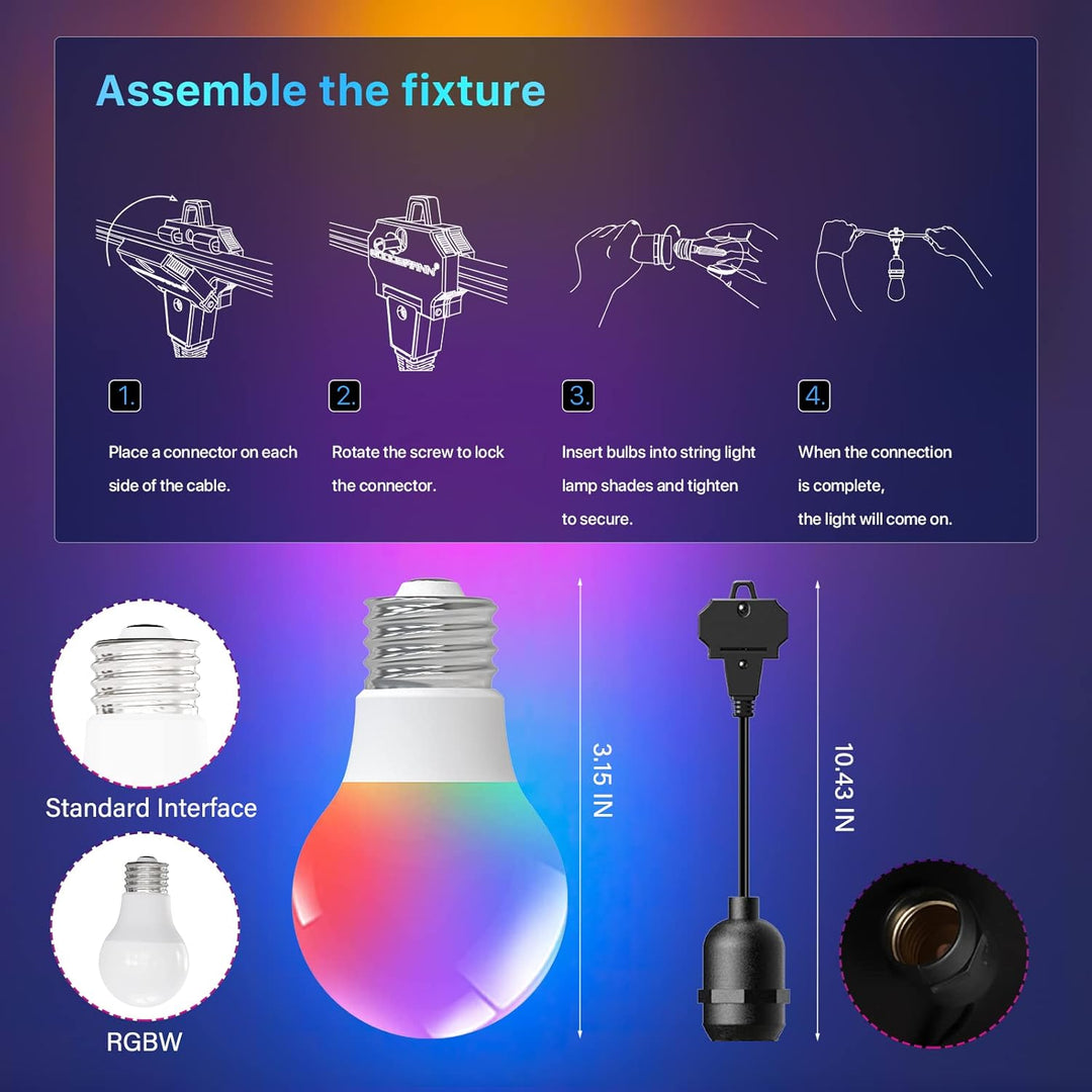 Outdoor Landscape Lighting LED 12V Low Voltage SLR104 50ft Adjustable Connector LED RGBW Bistro String Lights RGBW Color Changing Outdoor Weatherproof 12V 3W E10 B9 10pcs Bulbs