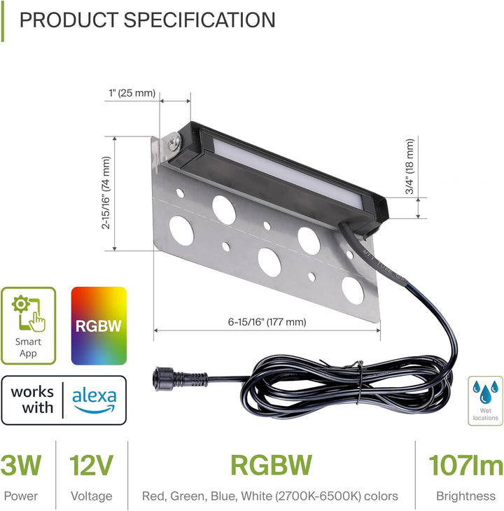 Outdoor Landscape Lighting LED 12V Low Voltage ELRA06 8-Pack 3W 7" Smart RGBCW Color Changing 2700K-6500K Waterproof LED Stairs, Fence, Hardscape Step Light Fixture Package
