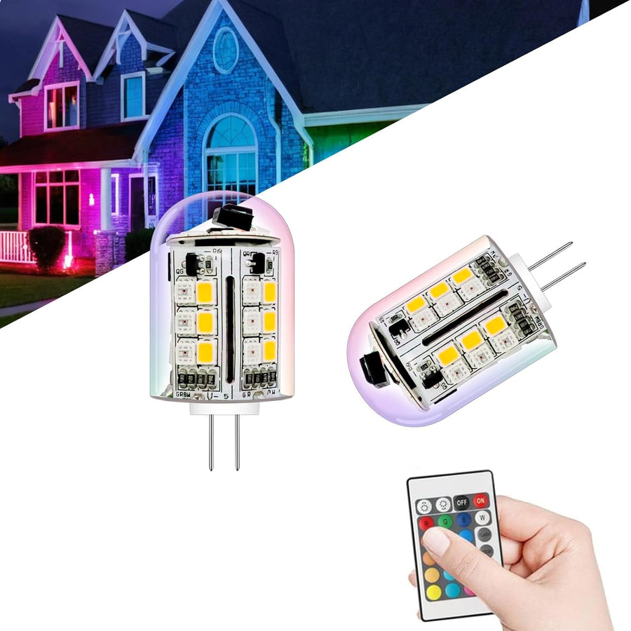 Outdoor Landscape Lighting LED 12V Low Voltage 2-Pack G4 3W 12V-24V, Color Changing RGB + Warm White Remote-Controlled Low Voltage Light Bulb for Outdoor Landscape Lighting