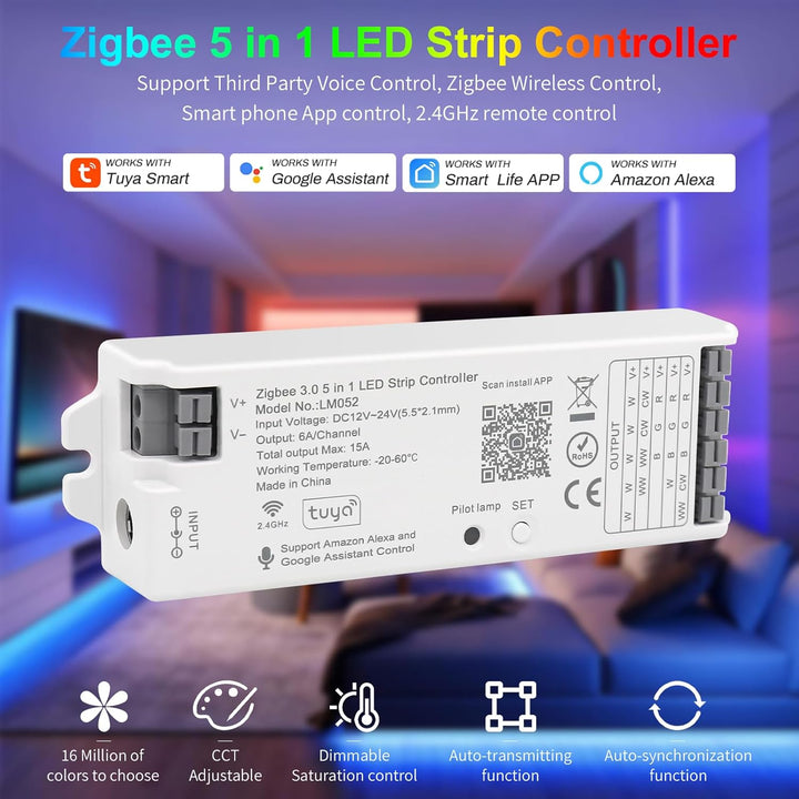 Outdoor Landscape Lighting LED 12V Low Voltage LM052 Zigbee LED Strip Light 5 in 1 Tuya Controller Compatible with Alexa and Google Assistant, for Dimming CCT RGB RGBW RGBCCT (Zigbee Gateway Network Required)