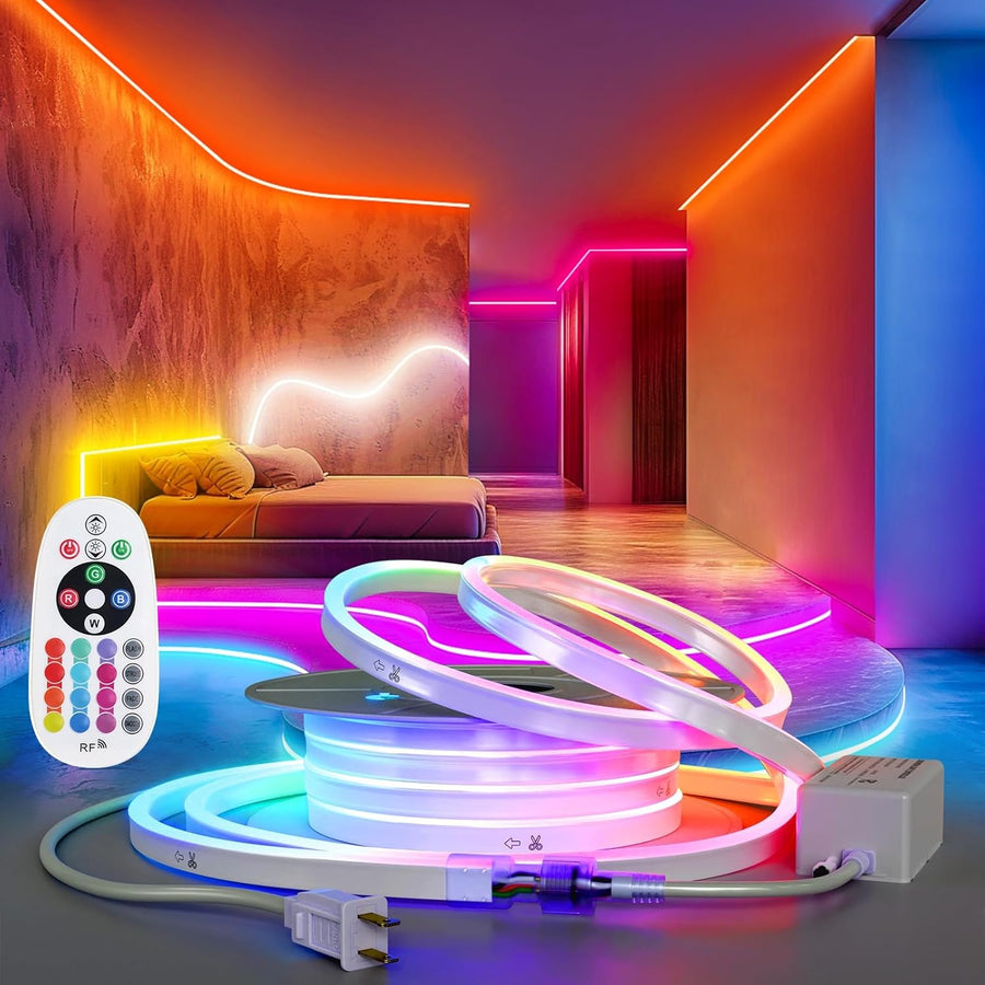 Outdoor Landscape Lighting LED 12V Low Voltage SLNR12 Dotless Neon RGB 5000K 16 Colors and 4 Modes 2.59W/f LED Strip Light 110V IP65 Outdoor Rated Dimmable High Voltage Silicone Strip Light Screws, Mounting Aluminum Clamps, End Cap, Screws, Remote Control and Power Cable