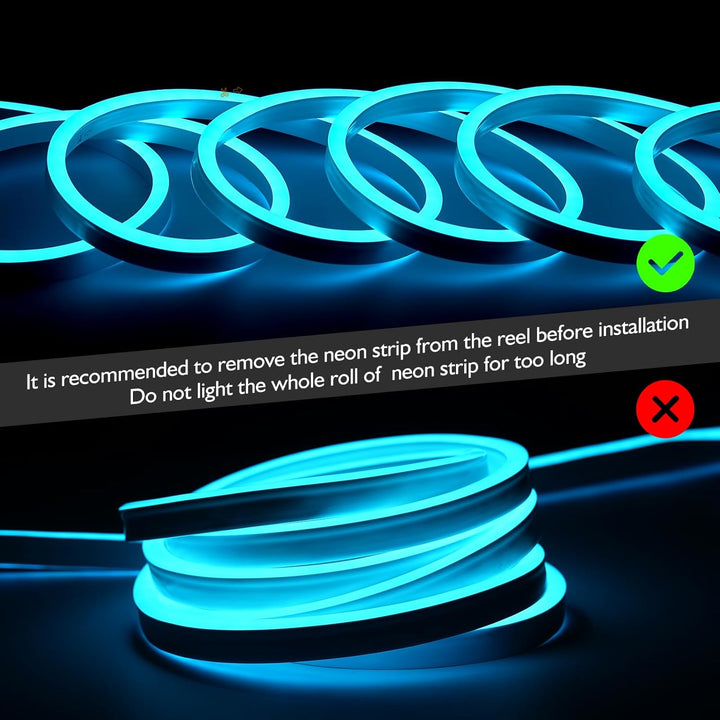 Outdoor Landscape Lighting LED 12V Low Voltage SLNR12 Dotless Neon RGB 5000K 16 Colors and 4 Modes 2.59W/f LED Strip Light 110V IP65 Outdoor Rated Dimmable High Voltage Silicone Strip Light Screws, Mounting Aluminum Clamps, End Cap, Screws, Remote Control and Power Cable