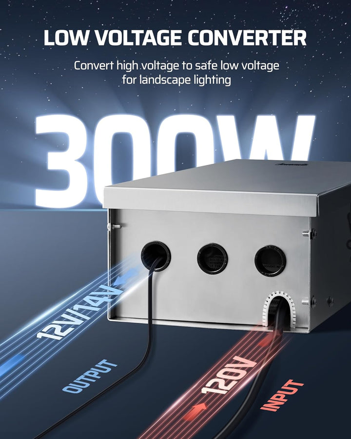 Outdoor Landscape Lighting LED 12V Low Voltage TSWZ300 300W AC 3 Zone Digital Smart Wi-Fi 2.4Ghz 12V/14V Independent Outputs, Low Voltage Stainless Steel Outdoor Transformer with Photocell & Timer