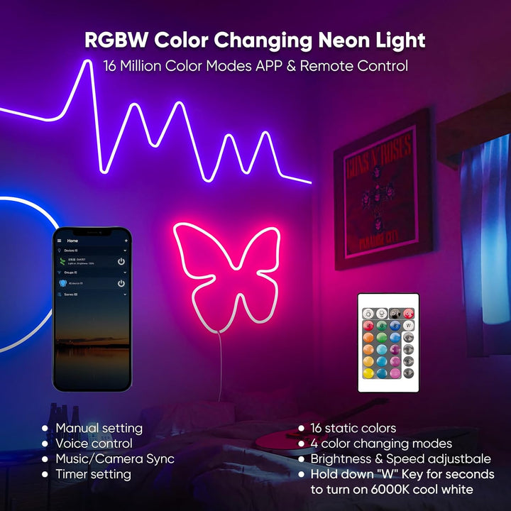 Outdoor Landscape Lighting LED 12V Low Voltage SLNR15 Dotless Neon RGB + Warm White 2800K or Cool White 6000K LED Strip Light Remote and Wi-Fi App Control DC24V IP65 Outdoor Rated Dimmable Silicone Strip Light Screws, Mounting Clips, End Cap, Screws, Remote Control and Controller with Power Cable
