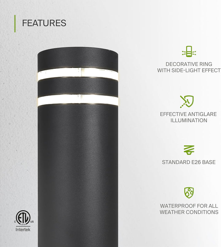 Outdoor Landscape Lighting LED 12V Low Voltage BPLA09 24" 120V Line Voltage E26 Socket Black Aluminum Round Bollard Path Light Outdoor Lighting
