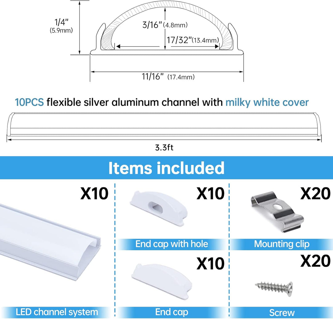 Outdoor Landscape Lighting LED 12V Low Voltage AC12 U-Shaped Rectangular Flexible Black and Silver Finish Aluminum Channel with Frosted Plastic Cover 3.3FT/1M For Max 12mm Width LED Strip Lights Pack of 10
