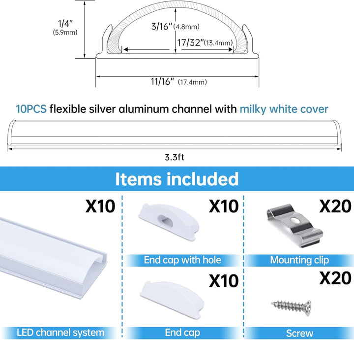 Outdoor Landscape Lighting LED 12V Low Voltage AC12 U-Shaped Rectangular Flexible Black and Silver Finish Aluminum Channel with Frosted Plastic Cover 3.3FT/1M For Max 12mm Width LED Strip Lights Pack of 10