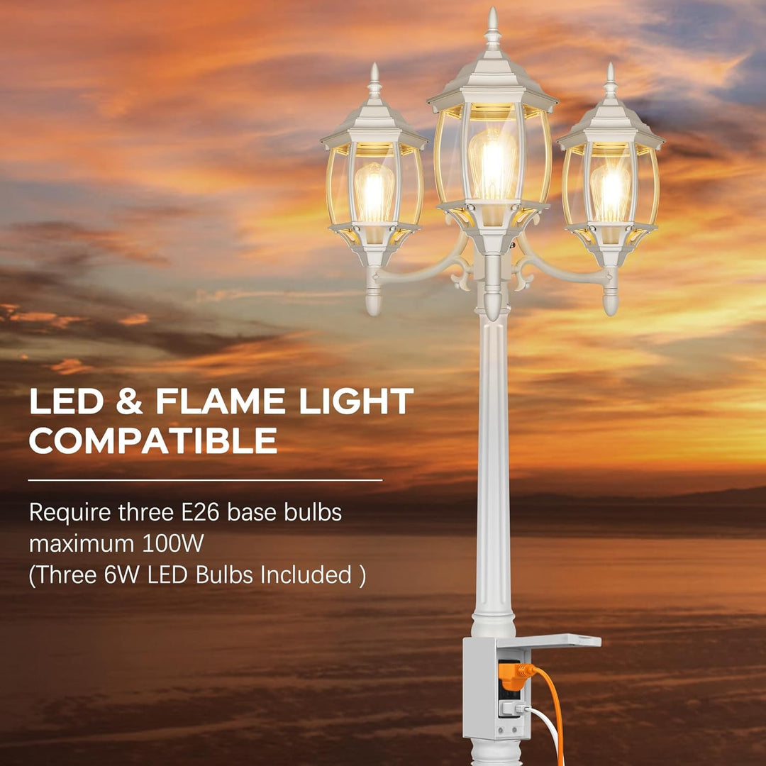 Outdoor Landscape Lighting LED 12V Low Voltage PLH01 Classic Black or White Aluminum 3-Head Post Light 95" Pole with Glass Panels 3 6W 2700K E26 Base Medium Base Included 120V with Photocell Sensor Sockets for Garden, Exterior Lighting