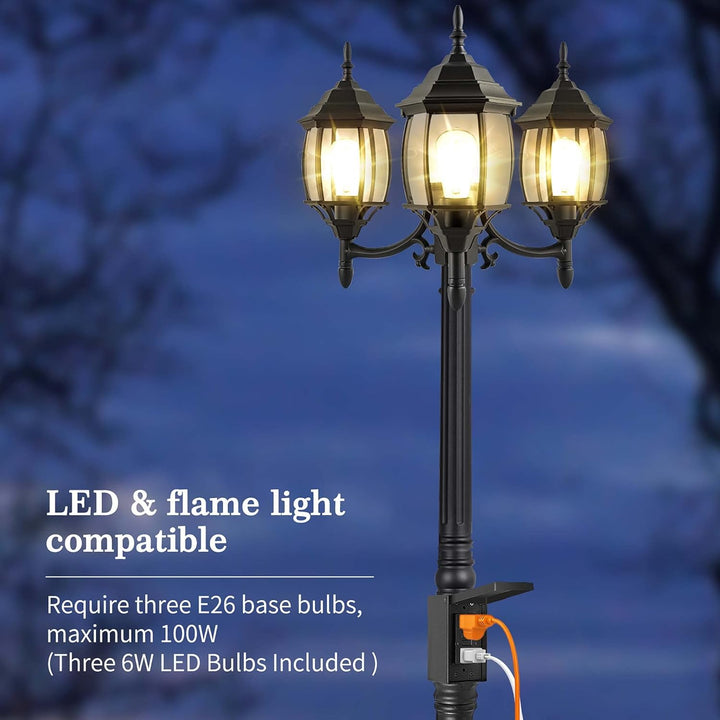Outdoor Landscape Lighting LED 12V Low Voltage PLH01 Classic Black or White Aluminum 3-Head Post Light 95" Pole with Glass Panels 3 6W 2700K E26 Base Medium Base Included 120V with Photocell Sensor Sockets for Garden, Exterior Lighting
