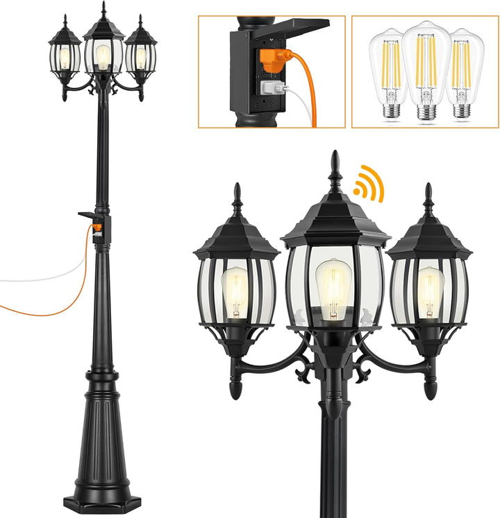 Outdoor Landscape Lighting LED 12V Low Voltage PLH01 Classic Black or White Aluminum 3-Head Post Light 95" Pole with Glass Panels 3 6W 2700K E26 Base Medium Base Included 120V with Photocell Sensor Sockets for Garden, Exterior Lighting Black