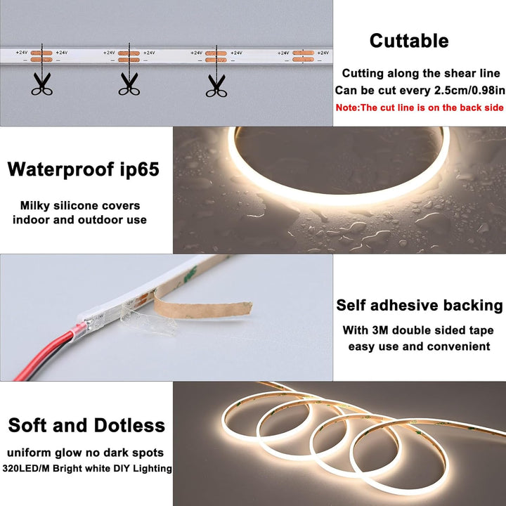 Outdoor Landscape Lighting LED 12V Low Voltage SLN13 Dotless Ultra Thin COB Neon LED Strip Light 1.46W/ft 5x3mm 3000K/4000K DC24V IP65 Outdoor Rated Dimmable Low Voltage Silicone Strip Light with Back Adhesive