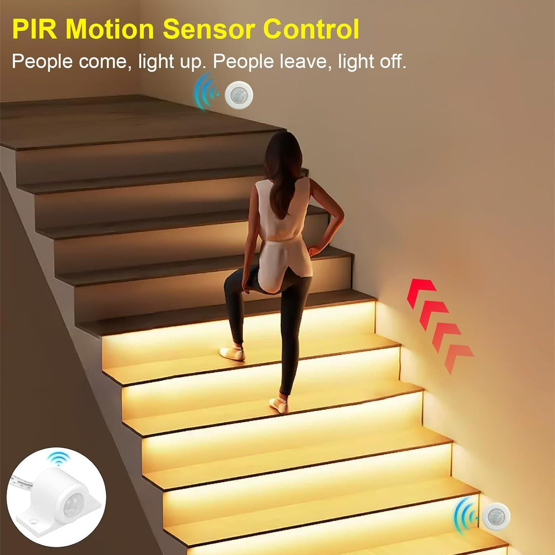 Outdoor Landscape Lighting LED 12V Low Voltage SLMS01 Intelligent Motion Sensor LED COB Strip Light Stair Light Kit 16 or 20 Stairs, Step by Step Control with Remote PIR & Light Sensor Control