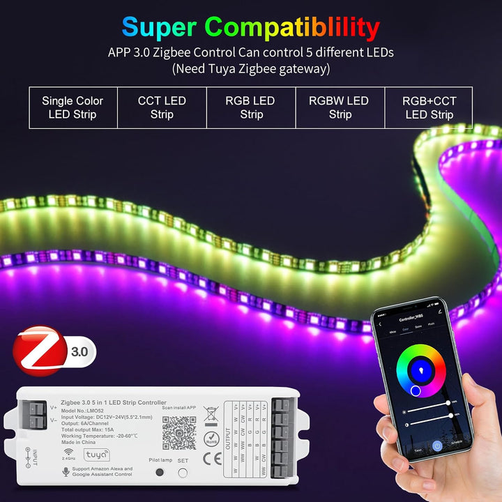 Outdoor Landscape Lighting LED 12V Low Voltage LM052 Zigbee LED Strip Light 5 in 1 Tuya Controller Compatible with Alexa and Google Assistant, for Dimming CCT RGB RGBW RGBCCT (Zigbee Gateway Network Required)