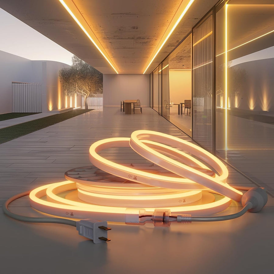 Outdoor Landscape Lighting LED 12V Low Voltage SLN07 Dotless Neon LED Strip Light 8x16mm 110-130V 1.92W/ft IP65 Outdoor Rated Dimmable High Voltage Silicone Strip Light with Aluminum Clamps, Screws, End Cap and Power Cable 2600K Warm White