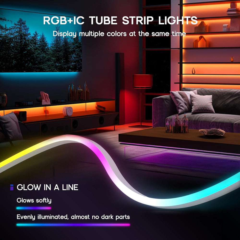 Outdoor Landscape Lighting LED 12V Low Voltage SLNR13 Dotless COB Bluetooth Smart App and Remote Operated RGB-IC Addressable Dream Rainbow Color 9.8.4ft to 65.6ft Neon LED Strip Light DC24V IP65 Dimmable Low Voltage Silicone Strip Light Adapter Power Supply and Remote Included
