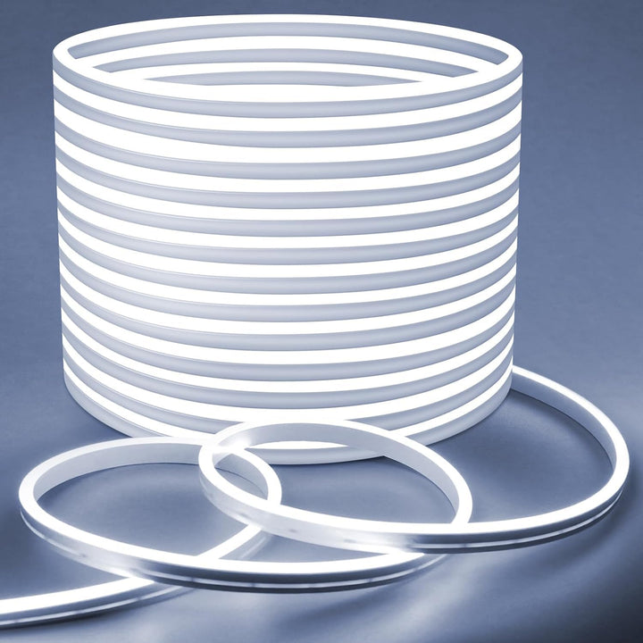 Outdoor Landscape Lighting LED 12V Low Voltage SLN05 Dotless Neon LED Strip Light 3000K/6000K DC24V IP65 Outdoor Rated Dimmable Low Voltage Silicone Strip Light with Mounting Clip, Screws, End Cap and Power Adapter 6000K Cool White