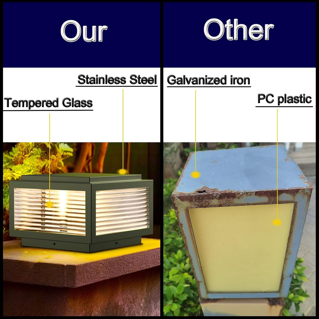 Outdoor Landscape Lighting LED 12V Low Voltage CPLA05 Modern Outdoor Post Light with Tempered Glass Shade Fence Deck Cap Lantern with E26 9W 3000K 110V AC Line Voltage Stainless Steel LED IP55 Waterproof, Electric-Powered, with Adaptable Low-Voltage E26/E27 LED Compatibility