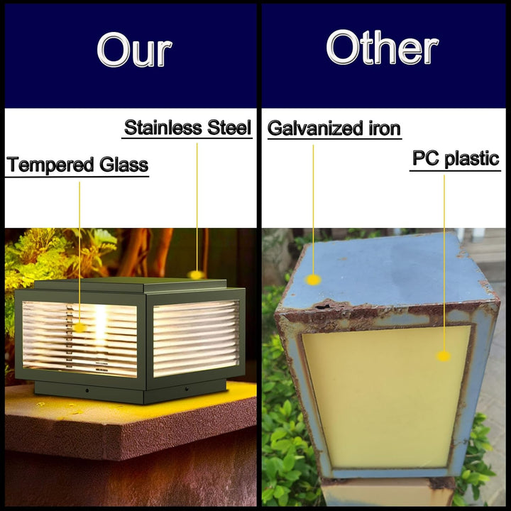 Outdoor Landscape Lighting LED 12V Low Voltage CPLA05 Modern Outdoor Post Light with Tempered Glass Shade Fence Deck Cap Lantern with E26 9W 3000K 110V AC Line Voltage Stainless Steel LED IP55 Waterproof, Electric-Powered, with Adaptable Low-Voltage E26/E27 LED Compatibility