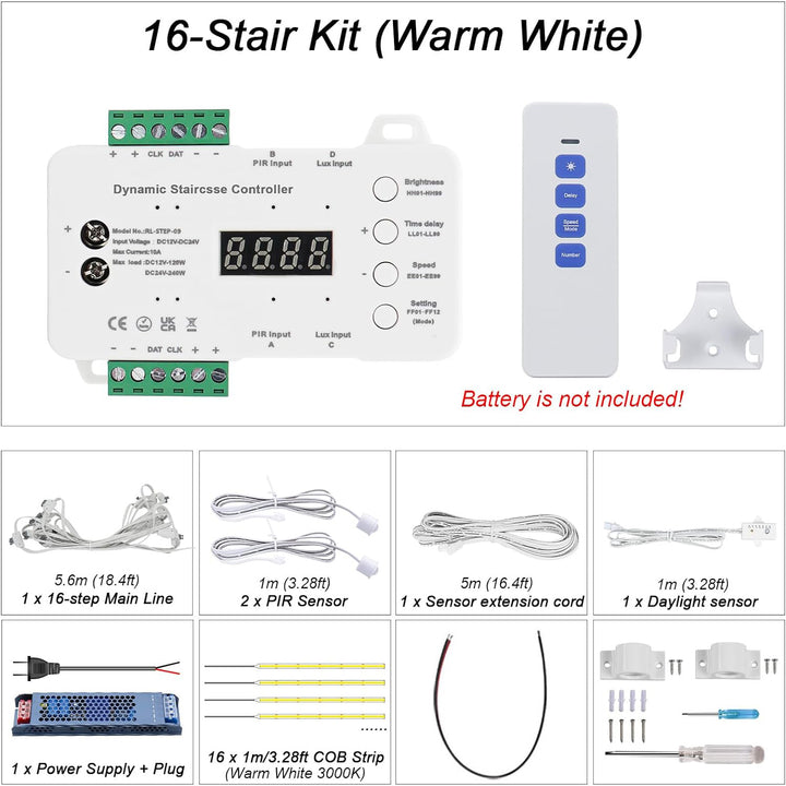 Outdoor Landscape Lighting LED 12V Low Voltage SLMS01 Intelligent Motion Sensor LED COB Strip Light Stair Light Kit 16 or 20 Stairs, Step by Step Control with Remote PIR & Light Sensor Control