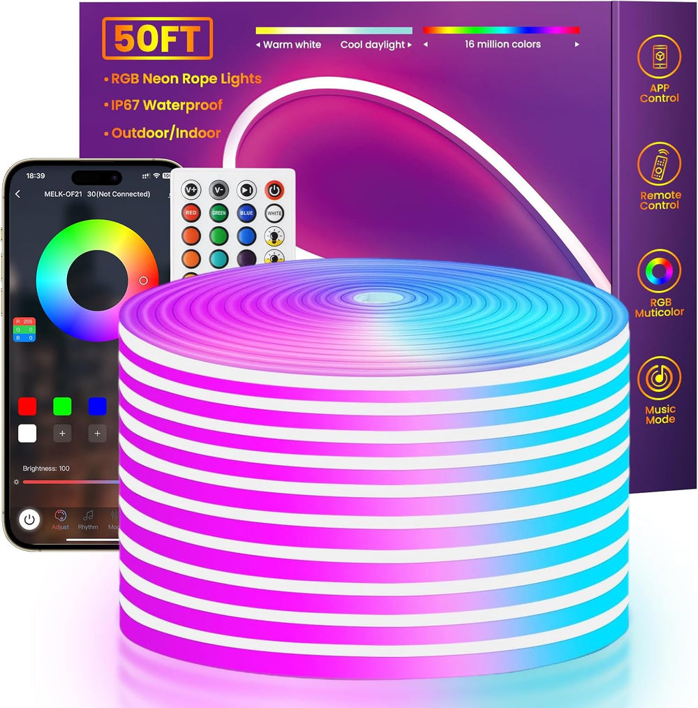 Outdoor Landscape Lighting LED 12V Low Voltage SLNR08 Dotless COB Smart Bluetooth RGB-IC Neon LED Strip Light DC24V IP67 Outdoor Rated Dimmable Low Voltage Silicone Strip Light with Mounting Clips, Screws, Power Adapter and Remote Control 50ft