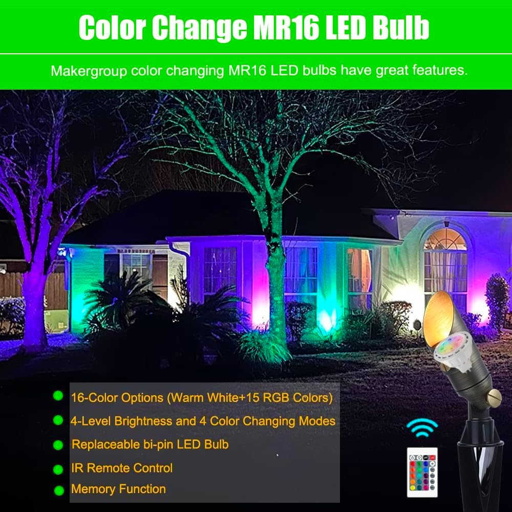 Outdoor Landscape Lighting LED 12V Low Voltage MR16 RGB Warm White + 15 Multicolor and 4-Level Brightness 5W, Energy-Saving, Color-Changing 12V Outdoor LED Light Bulb Compatible with Remote Control