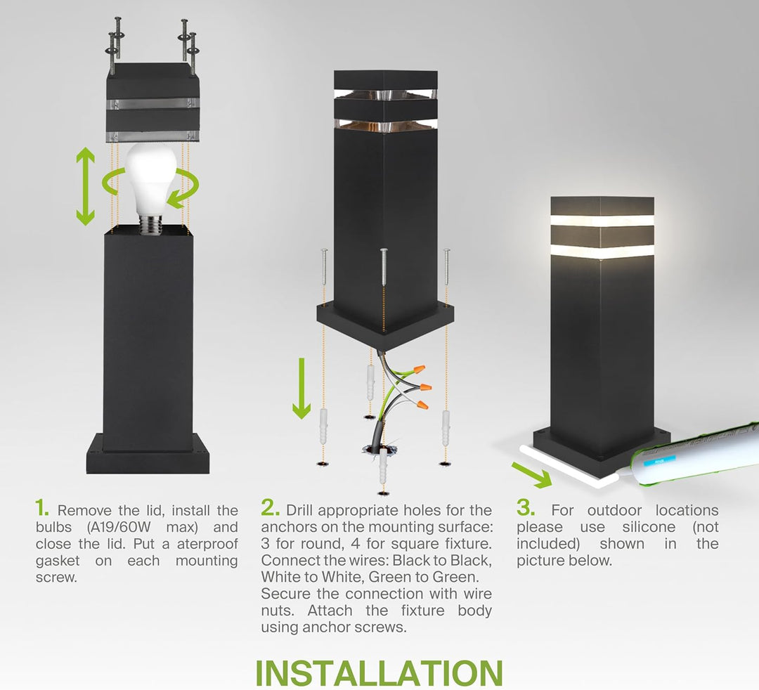 Outdoor Landscape Lighting LED 12V Low Voltage BPLA10 24" 120V Line Voltage E26 Socket Black Aluminum Square Bollard Path Light Outdoor Lighting