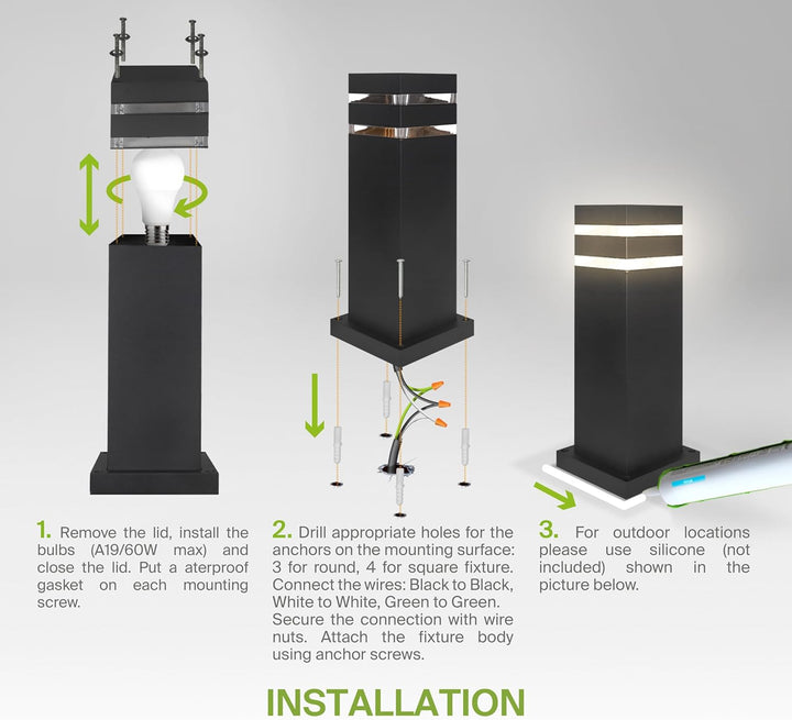 Outdoor Landscape Lighting LED 12V Low Voltage BPLA10 24" 120V Line Voltage E26 Socket Black Aluminum Square Bollard Path Light Outdoor Lighting