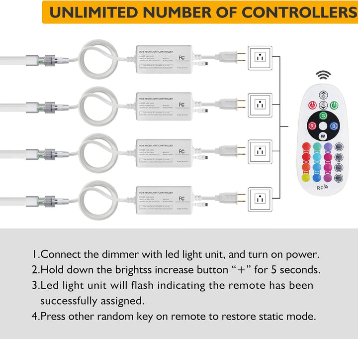 Outdoor Landscape Lighting LED 12V Low Voltage SLNR12 Dotless Neon RGB 5000K 16 Colors and 4 Modes 2.59W/f LED Strip Light 110V IP65 Outdoor Rated Dimmable High Voltage Silicone Strip Light Screws, Mounting Aluminum Clamps, End Cap, Screws, Remote Control and Power Cable