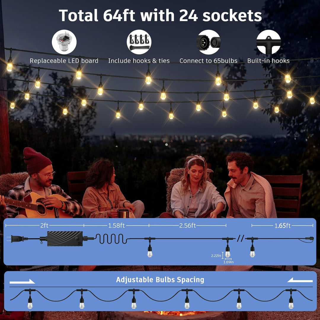 Outdoor Landscape Lighting LED 12V Low Voltage SLR103 LED RGBWIC Smart Bistro Acrylic String Lights Color Changing Outdoor Weatherproof 24V Edison Bulbs 64 FT - 24 Bulbs