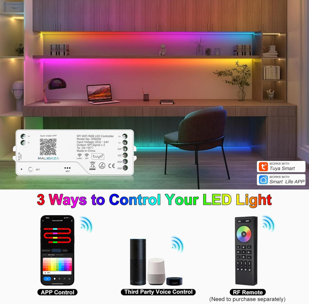 Outdoor Landscape Lighting LED 12V Low Voltage DR04W Tuya SPI Wi-Fi RGB LED Controller Compatible with Alexa and Google Assistant, Support WS2913 WS2815 LED Strip STA Mode