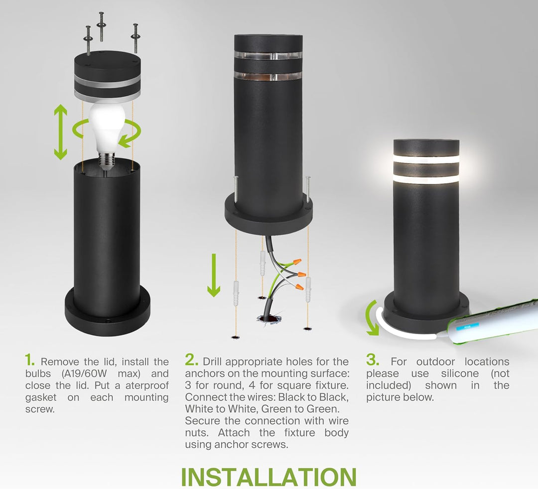 Outdoor Landscape Lighting LED 12V Low Voltage BPLA09 24" 120V Line Voltage E26 Socket Black Aluminum Round Bollard Path Light Outdoor Lighting