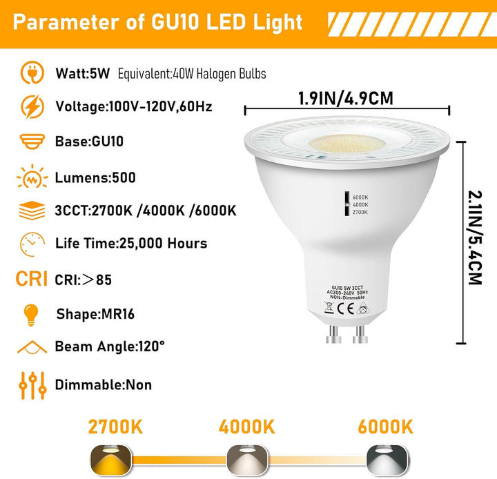 Outdoor Landscape Lighting LED 12V Low Voltage 6-Pack MR16 5W 120V GU10 LED Bulbs 500LM 3CCT 2700K/4000K/6000K Non-Dimmable Energy Saving Light 120 Degree Beam Angle Line Voltage