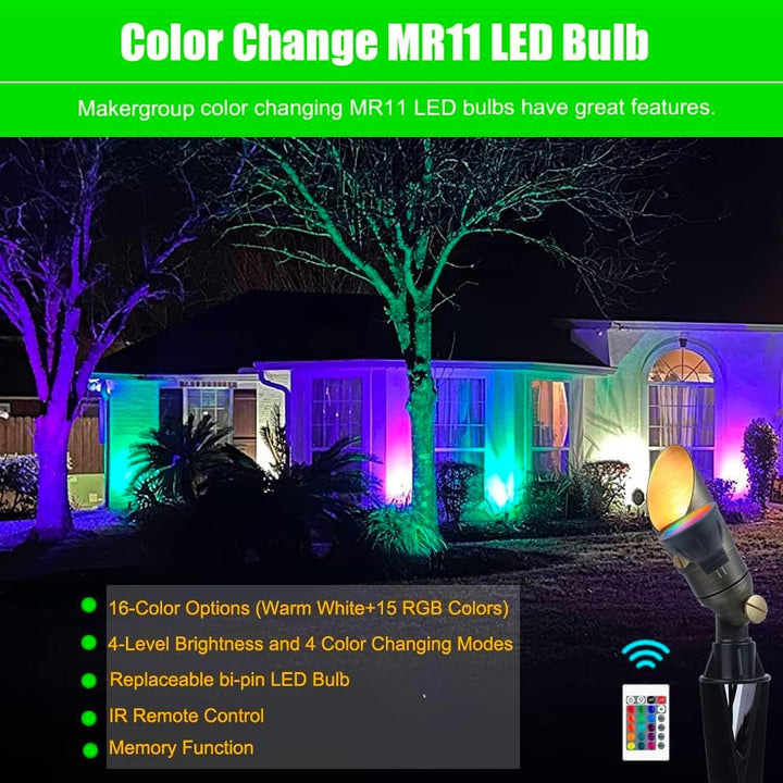 Outdoor Landscape Lighting LED 12V Low Voltage MR11 RGB Warm White + 15 Multicolors and 4-Level Brightness 3W, Energy-Saving, Color-Changing 12V Outdoor LED Light Bulb Compatible with Remote Control