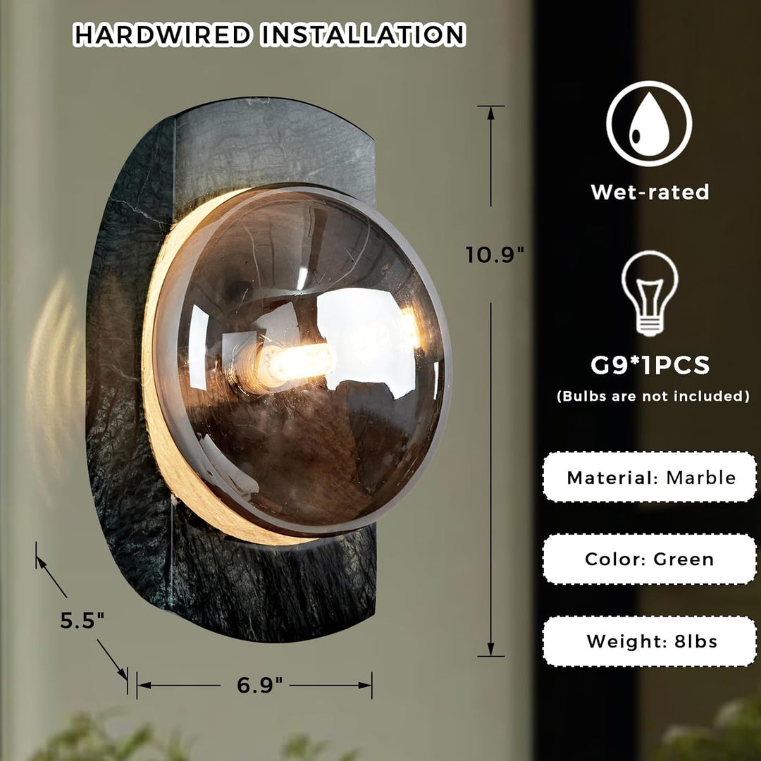Outdoor Landscape Lighting LED 12V Low Voltage SCH13 Smoked Luster Veining Globe Solid Green Marble Indoor and Outdoor Wall Sconce Light 6.9"x5.5"x10.9" LED G9 Base Socket Line Voltage 120V Waterproof