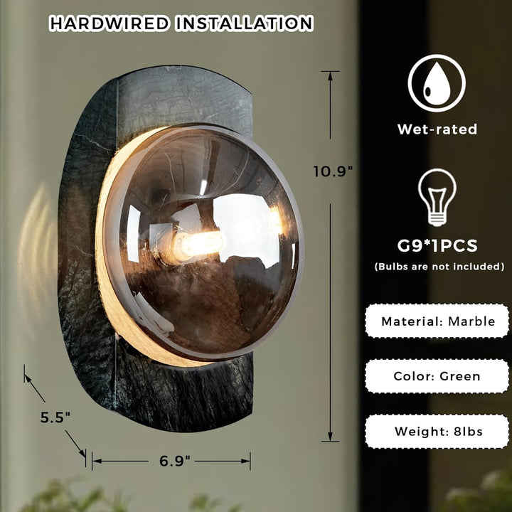 Outdoor Landscape Lighting LED 12V Low Voltage SCH13 Smoked Luster Veining Globe Solid Green Marble Indoor and Outdoor Wall Sconce Light 6.9"x5.5"x10.9" LED G9 Base Socket Line Voltage 120V Waterproof