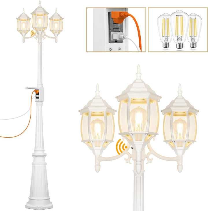 Outdoor Landscape Lighting LED 12V Low Voltage PLH01 Classic Black or White Aluminum 3-Head Post Light 95" Pole with Glass Panels 3 6W 2700K E26 Base Medium Base Included 120V with Photocell Sensor Sockets for Garden, Exterior Lighting White