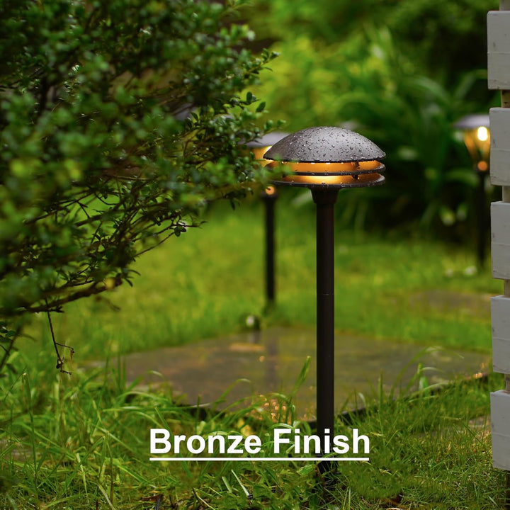 Outdoor Landscape Lighting LED 12V Low Voltage ALP72 2 and 8 Pack Integrated LED Landscape 3-Tier Pagoda Metal Pathway Lights Package, 3000K 4W 80 LM Low Voltage 12V AC Bronze Pagoda Outdoor Landscape Lighting