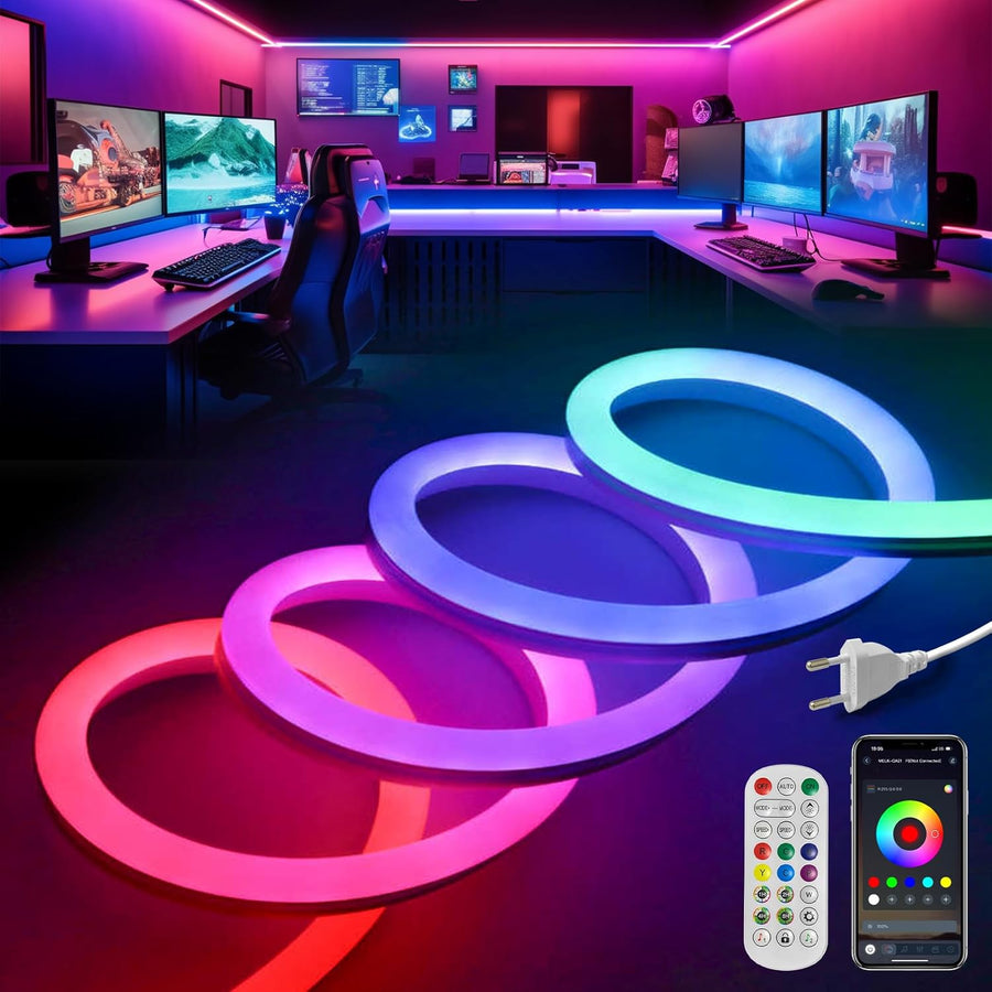 Outdoor Landscape Lighting LED 12V Low Voltage SLNR13 Dotless COB Bluetooth Smart App and Remote Operated RGB-IC Addressable Dream Rainbow Color 9.8.4ft to 65.6ft Neon LED Strip Light DC24V IP65 Dimmable Low Voltage Silicone Strip Light Adapter Power Supply and Remote Included