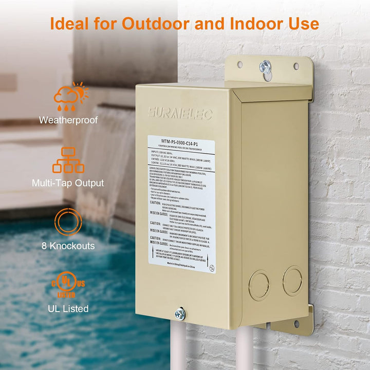 Outdoor Landscape Lighting LED 12V Low Voltage TSWP2 100W/300W AC Pool Rated 12V/13V/14V Multi-Tap, Low Voltage Outdoor Metal Transformer