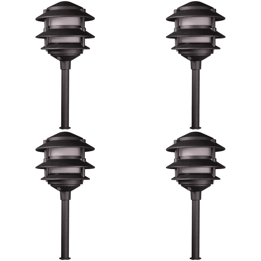 Outdoor Landscape Lighting LED 12V Low Voltage KL302 4x/8x/12x Package 12V AC/DC Aluminum Low Voltage Landscape Lighting 3 Tier Pagoda Path Light 3W 2700K Bulb Black 4 Pack