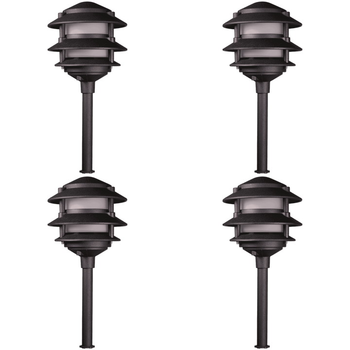 Outdoor Landscape Lighting LED 12V Low Voltage KL302 4x/8x/12x Package 12V AC/DC Aluminum Low Voltage Landscape Lighting 3 Tier Pagoda Path Light 3W 2700K Bulb Black 4 Pack
