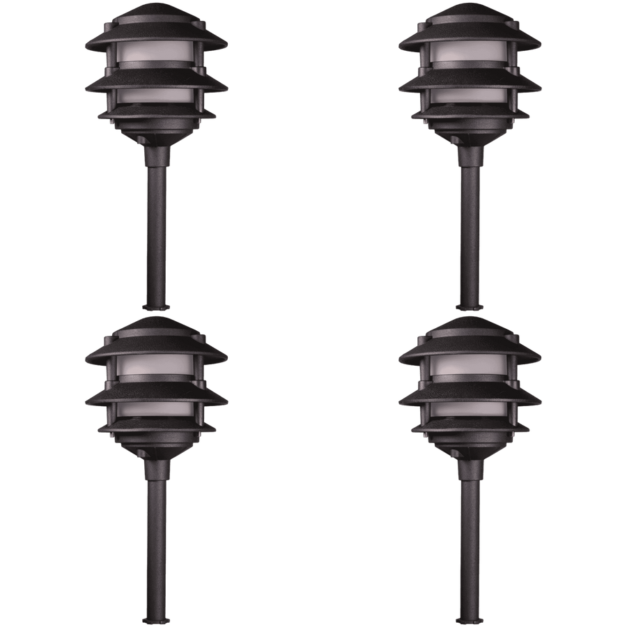 Outdoor Landscape Lighting LED 12V Low Voltage KL302 4x/8x/12x Package 12V AC/DC Aluminum Low Voltage Landscape Lighting 3 Tier Pagoda Path Light 3W 2700K Bulb Black 4 Pack