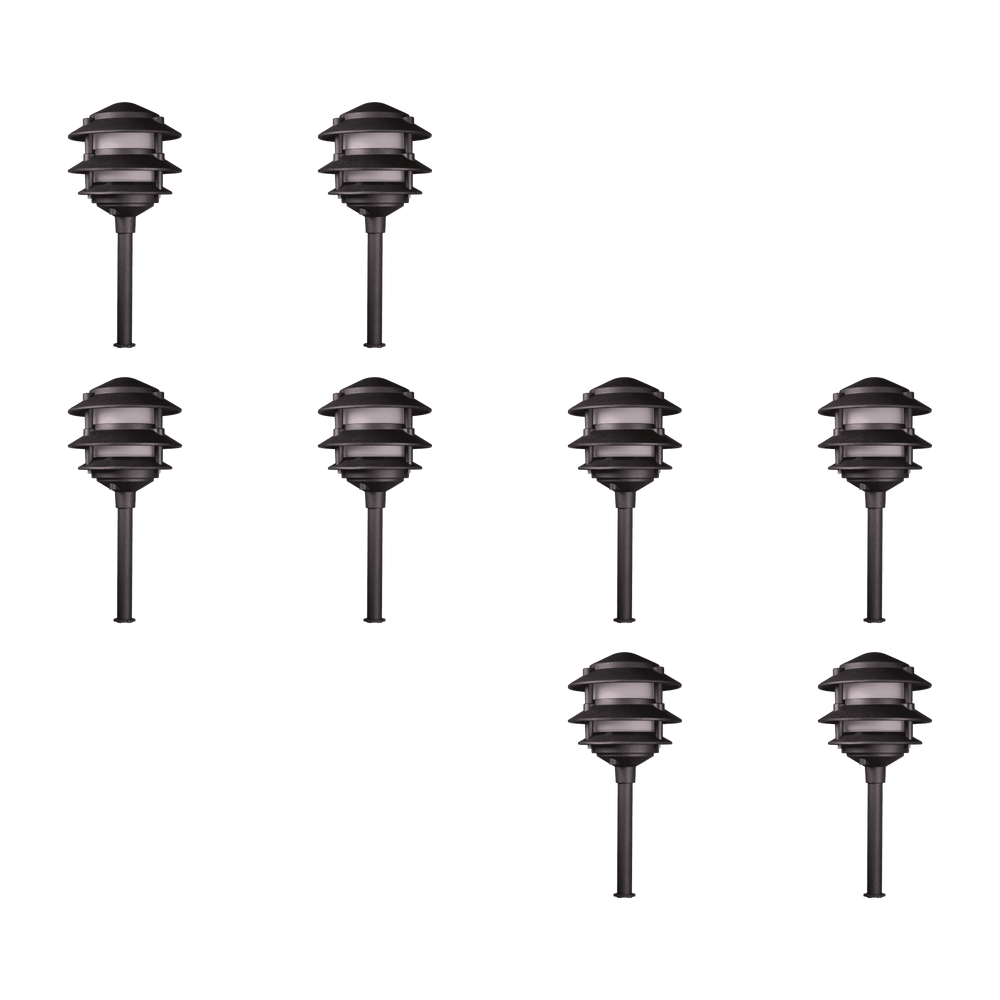Outdoor Landscape Lighting LED 12V Low Voltage KL302 4x/8x/12x Package 12V AC/DC Aluminum Low Voltage Landscape Lighting 3 Tier Pagoda Path Light 3W 2700K Bulb Black 8 Pack