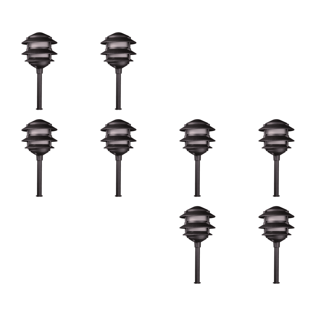 Outdoor Landscape Lighting LED 12V Low Voltage KL302 4x/8x/12x Package 12V AC/DC Aluminum Low Voltage Landscape Lighting 3 Tier Pagoda Path Light 3W 2700K Bulb Black 8 Pack