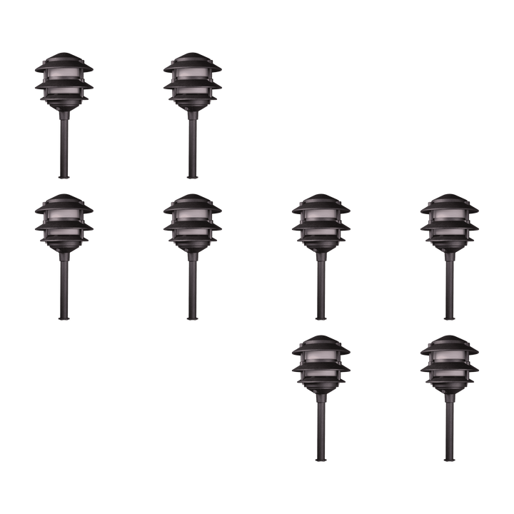 Outdoor Landscape Lighting LED 12V Low Voltage KL302 4x/8x/12x Package 12V AC/DC Aluminum Low Voltage Landscape Lighting 3 Tier Pagoda Path Light 3W 2700K Bulb Black 8 Pack
