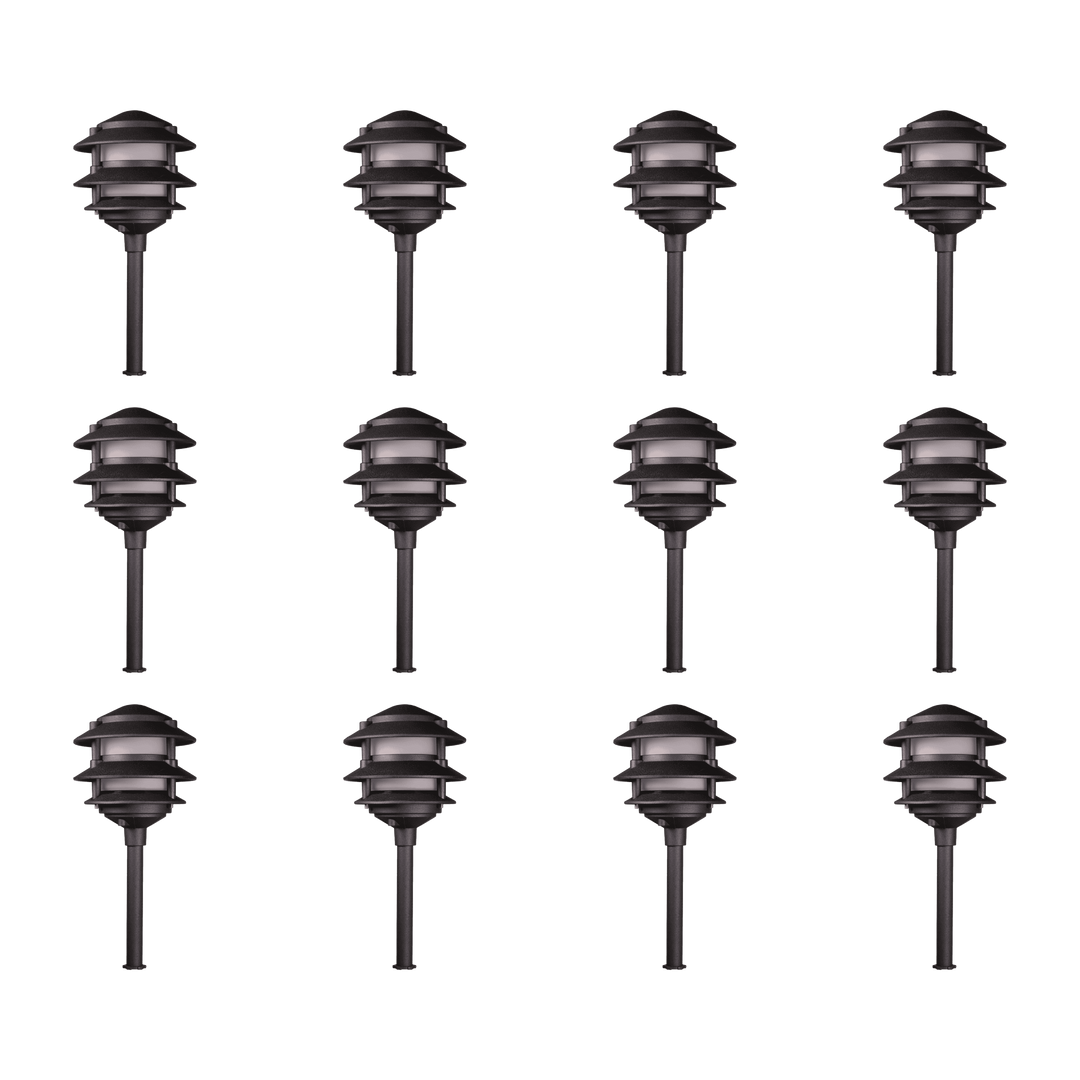 Outdoor Landscape Lighting LED 12V Low Voltage KL302 4x/8x/12x Package 12V AC/DC Aluminum Low Voltage Landscape Lighting 3 Tier Pagoda Path Light 3W 2700K Bulb Black 12 Pack